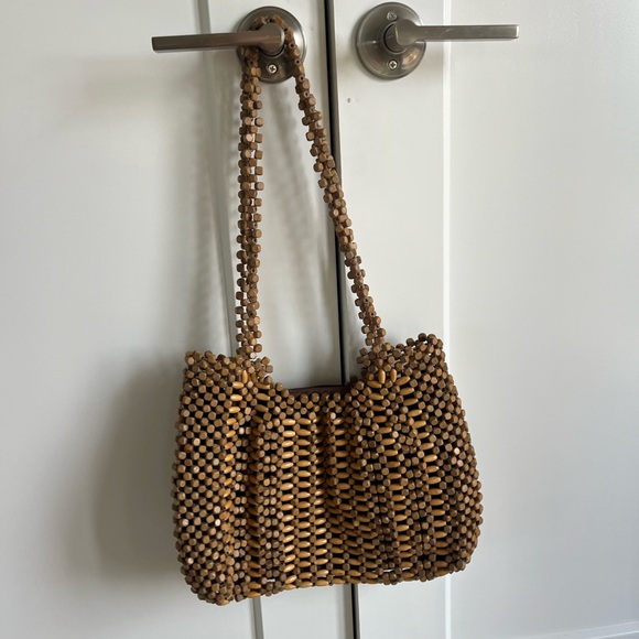 Vintage Brown Wood Beaded Bag Purse - Picture 3 of 4
